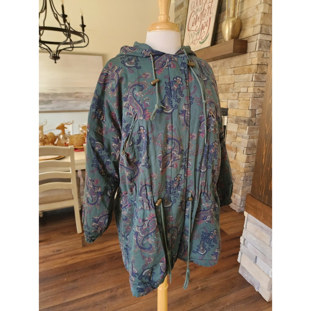 VTG 80s Green Paisley Print Hooded Anorak Jacket Drawstring Pockets Medium